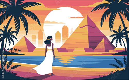 Elegant Egyptian Woman at Sunset with Pyramids and Palm Trees, Inspired by Ancient Egypt, Ideal for Travel and Historical Themes