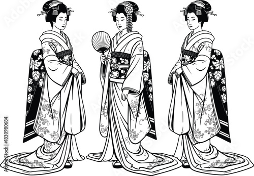 Traditional Japanese Geisha Vector Illustration Set Wearing Kimono and Holding Hand Fan, Ideal for Asian Culture, History, Beauty, Elegance, or Vintage Design Content