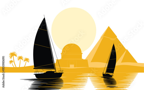 Sailboats on the Nile River with Pyramids in the Background - Egyptian Landscape Vector Illustration, Tourism and Adventure Scene