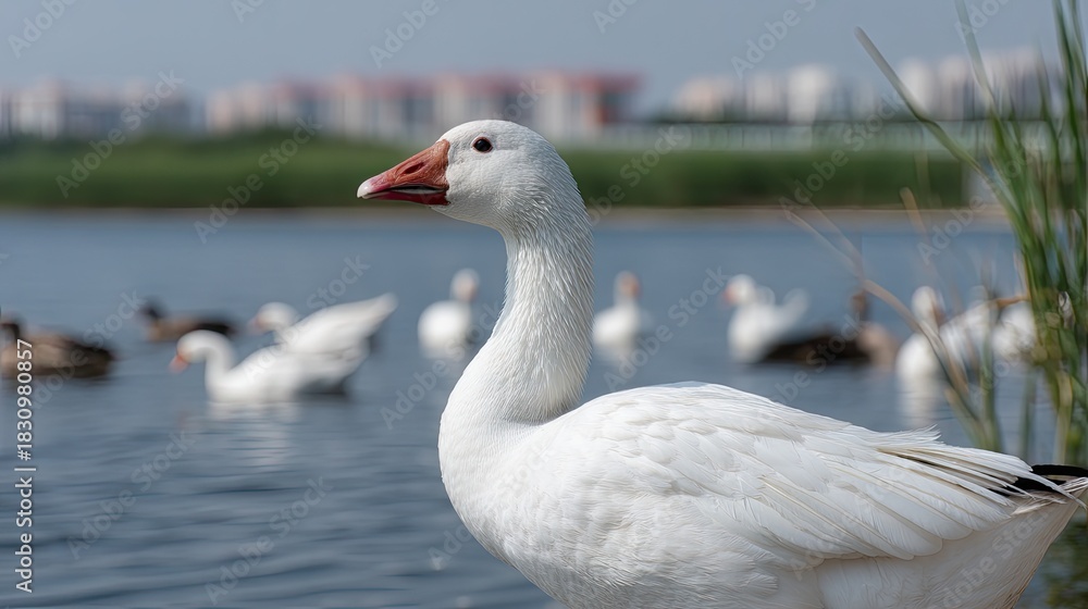 Obraz premium White goose stands by calm water with ducks swimming in the background near a cityscape under a clear blue sky