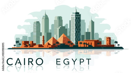 Cairo, Egypt Skyline Vector Illustration: Modern Buildings, Pyramids, and Palm Trees Reflecting in Water with Cool Tones for Travel and Tourism Industry Needs
