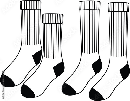 Vector Illustration of Ribbed Athletic Socks with Striped Cuffs and Reinforced Heels, Ideal for Sportswear, Apparel Design, Clothing Mockup, or Footwear Content