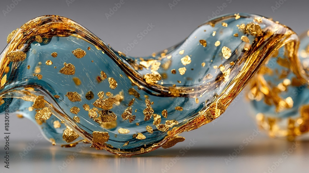 Fototapeta premium Abstract Blue Glass Wave with Gold Leaf, Elegant Fluid Art, Luxury Design.