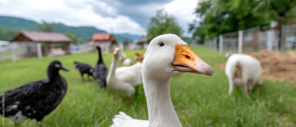Obraz premium Geese and ducks on a farm enjoying the greenery under a cloudy sky in a rural setting during the afternoon