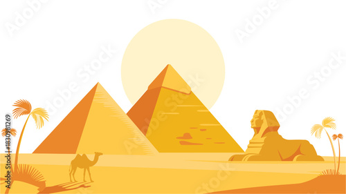 Egyptian Landmarks: Pyramids, Sphinx, Desert, and Camel in a Stylized Landscape under a Golden Sun - Travel Destination Illustration