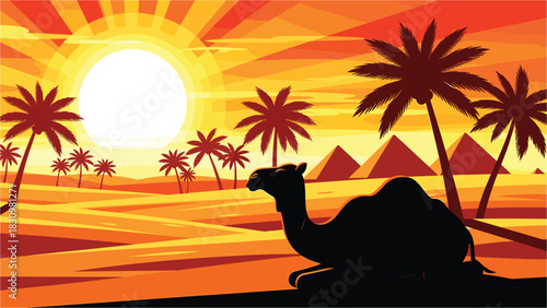 Egyptian Desert Illustration: Camel Silhouette, Palm Trees, Pyramids, and a Radiant Sun in Warm Sunset Hues for Travel and Adventure