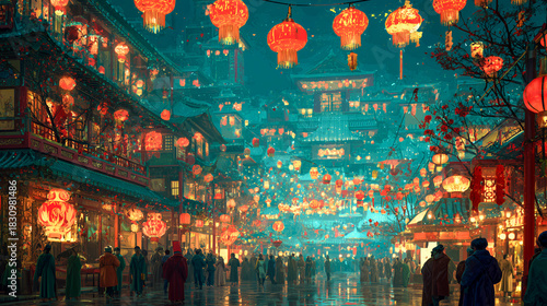 Vibrant night scene of a Chinese street market glowing with hundreds of red lanterns during a festival celebration