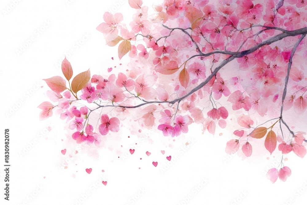 Naklejka premium Cherry blossom branch watercolor art with pink petals and heart accents