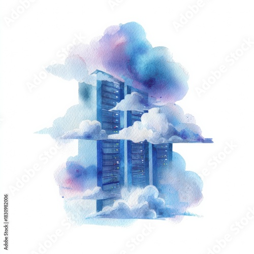 Abstract watercolor cloud computing with data servers in blue and purple hues