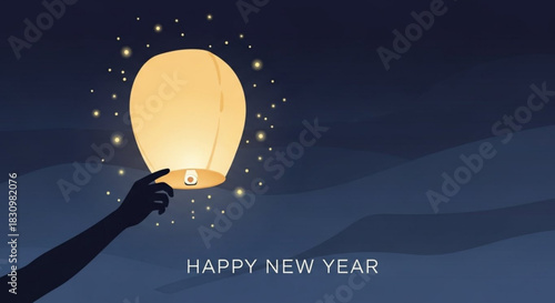 A hand releases a glowing sky lantern into the night sky, celebrating the New Year.