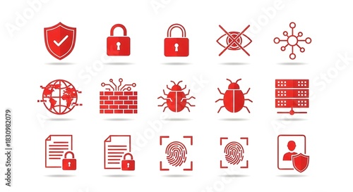 Cybersecurity Line Icons, Data Protection and Security red Symbol collection