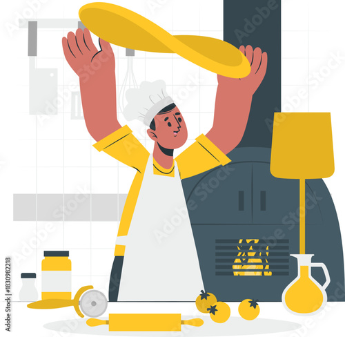 Chef tossing pizza dough in front of a wood-fired oven cooking