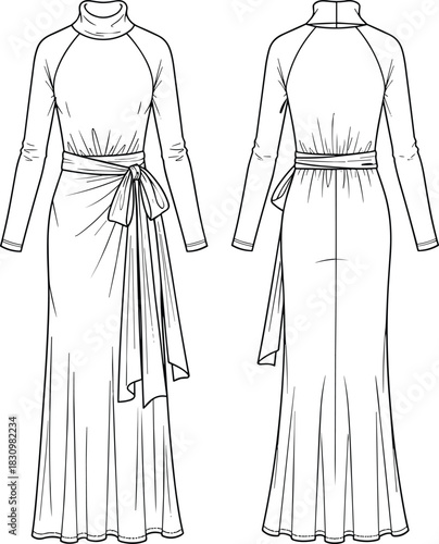 Women's maxi dress technical drawing featuring turtleneck, long raglan sleeves, and tied sash belt, front and back fashion flat vector illustration