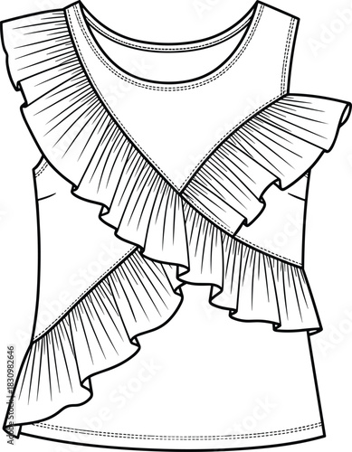 Women's sleeveless blouse top featuring cascading V-shape ruffles and scoop neck, technical fashion cad drawing flat vector illustration