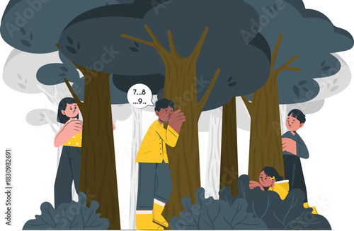 Children playing hide and seek among trees in a forest Keywords: children, playing, hide and