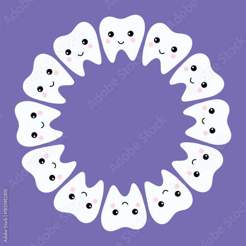 Tooth wreath on a purple background, dental ring art. Whimsical tooth circle, pediatric dental icon. Tooth wreath emblem, smiling tooth frame