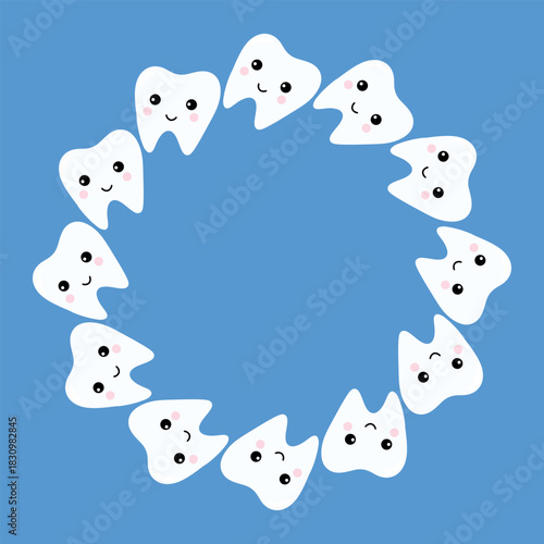 Tooth wreath on a blue background, dental circle. Tooth ring illustration, kid dentist. Tooth round frame, friendly dental icon
