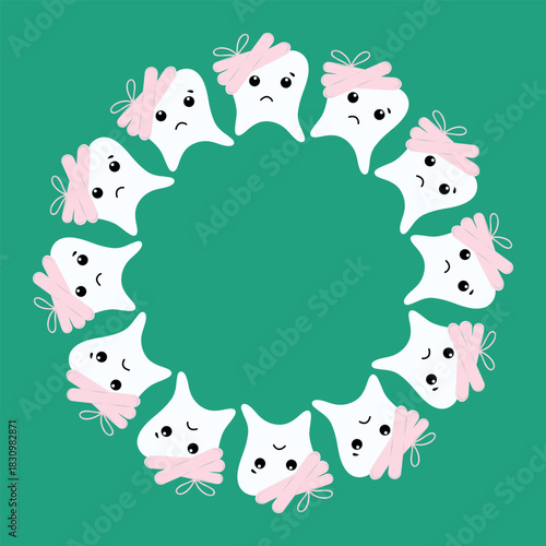 Tooth wreath on a green background, dental circle. Tooth ring illustration, kid dentist. Tooth round frame, friendly dental icon