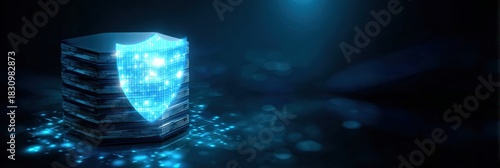 Glowing digital shield protecting data server with futuristic technology