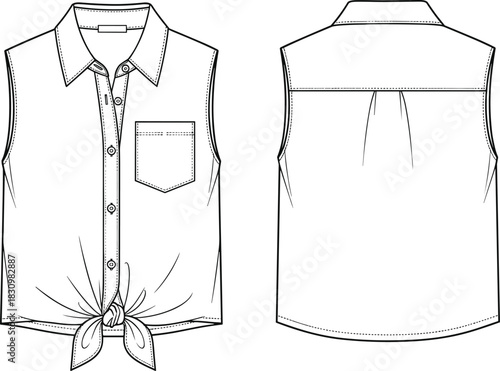 Women's sleeveless button down shirt with tie front knot, collar and pocket, technical fashion cad drawing flat vector illustration