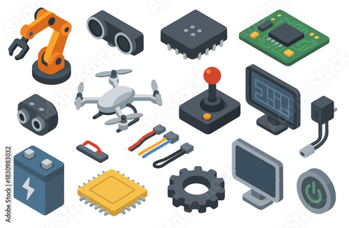 Isometric icons of robotics and electronics components