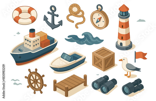Nautical elements collection with ship, lighthouse, and seagull