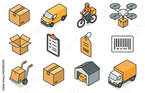Logistics icons: delivery, packaging, transportation, and drones
