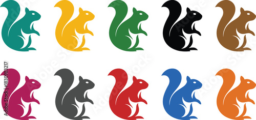 Colorful squirrel silhouettes on white, Multicolor rodent silhouette graphic set