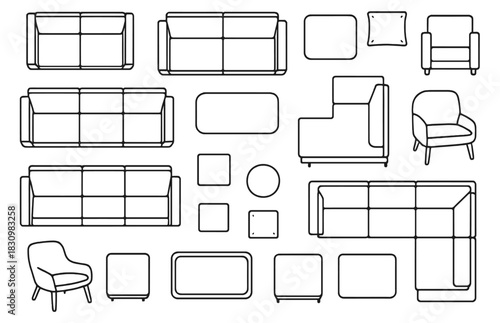 Collection of sofa and chair line drawings for interior design planning