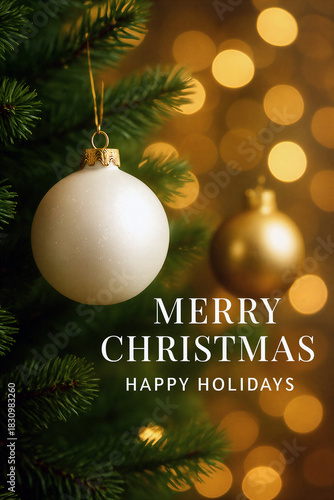Elegant White and Gold Christmas Ornament on Spruce Tree with Warm Bokeh Lights Festive Holiday Background for Merry Christmas and Happy New Year Designs. AI Generative.