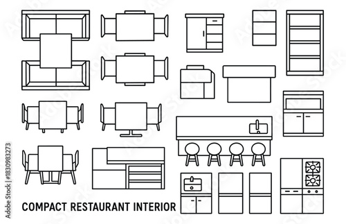 Minimalist compact restaurant interior design layout with tables and cabinets
