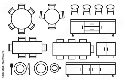Minimalistic black and white furniture line art with dining sets and cabinets