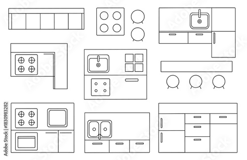Collection of minimalist kitchen layouts and designs in black and white line art
