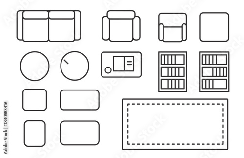Outline of modern living room furniture layout with sofa, chairs, tables, shelves, and decor