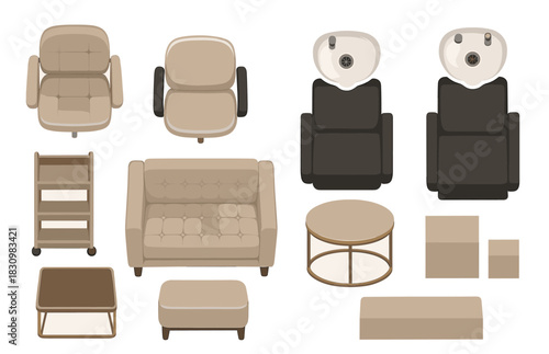 Top view of salon furniture set with armchairs, sofas, tables, and washbasins