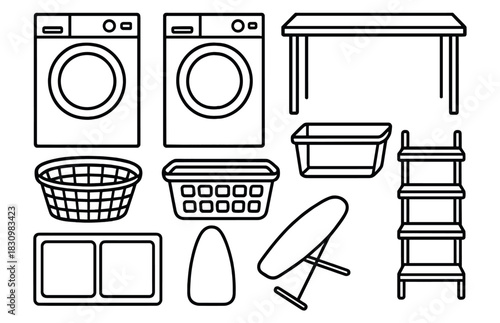 Set of laundry room appliances and equipment icons in black and white design