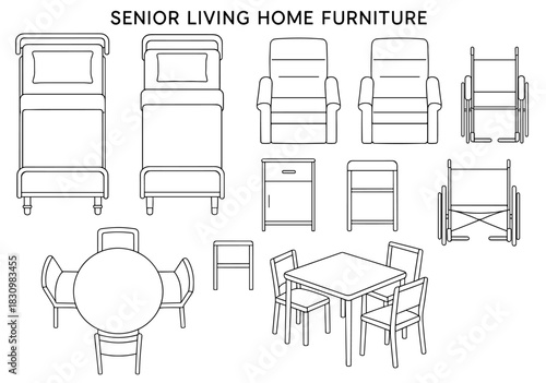 Senior living home furniture set overview: beds, chairs, tables, and wheelchairs
