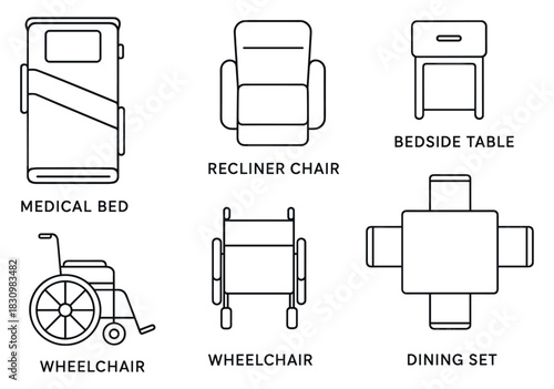 Medical furniture line art illustrations: bed, recliner, table, wheelchair, dining set