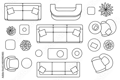 Top view of living room furniture arrangement with sofas and plants