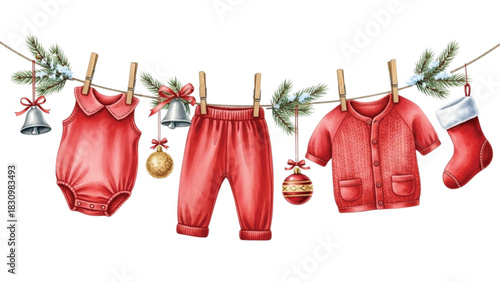 Watercolor Baby Christmas Outfit Clipart with Red Onesie, Pants, Cardigan and Holiday Decorations on Clothesline