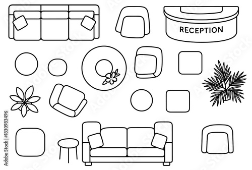 Overhead layout of reception area with furniture and decor elements
