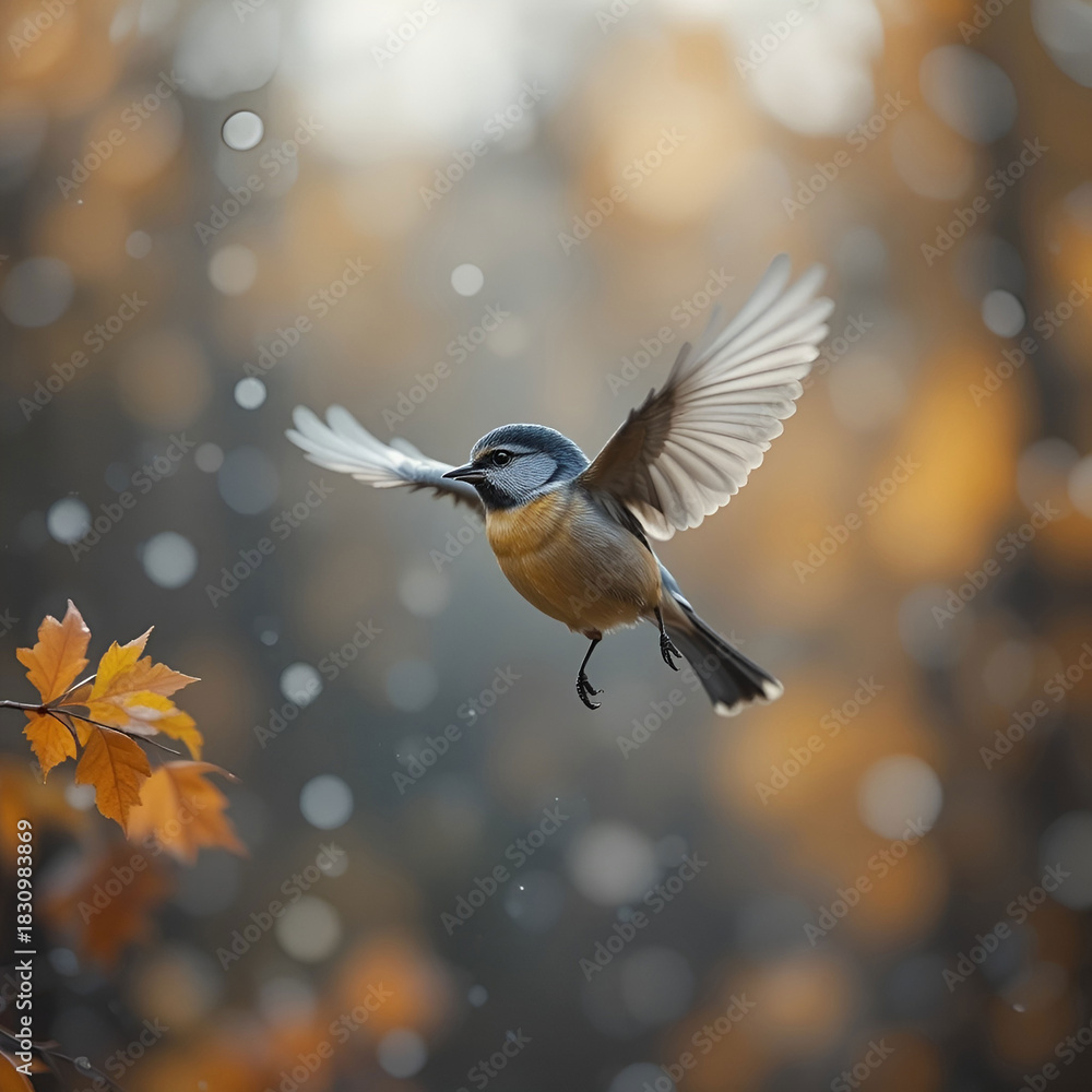 Naklejka premium A tomtit bird in mid-flight during autumn in Siberia, Tomsk, showcasing vibrant plumage, dynamic motion.
