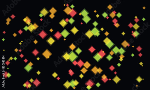 Vibrant abstract pattern of colorful diamond shapes floating on a dark background