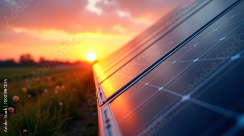 Solar panels stretch alongside a grassy field, lit by a vibrant sunset.