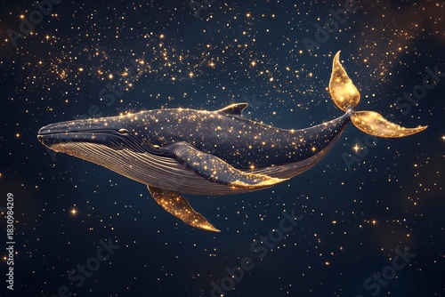 Majestic flying whale with golden fins swims gracefully among twinkling stars in the cosmos