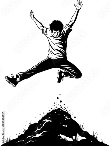 Monochrome vector illustration showing a person jumping high with joyful energy.