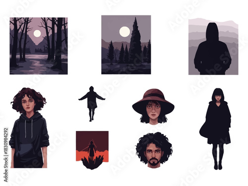 Set of vector illustrations depicting mysterious young adult characters and moody nocturnal forest landscapes.