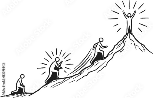 Motivational graphic showing the progression of achievement from struggle to ultimate triumph.