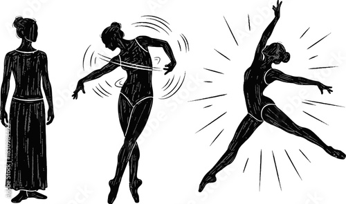 Dynamic woodcut-style illustration of a female dancer transitioning through different stages of movement and pose.