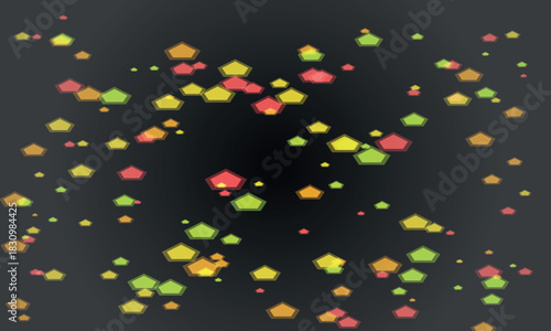 Vibrant, colorful pentagon shapes gently floating and sparkling on a dark, dreamy background.